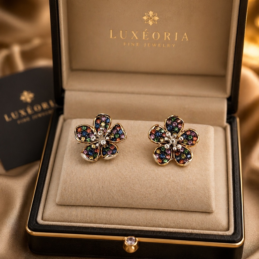 Effy Multicolor Floral Stud Earrings 925 Sterling silver 14k Beautiful Gift